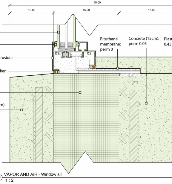 Vertical section at window sill: weatherization detailing is typical and straightforward