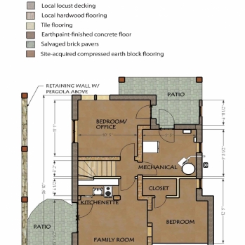 Daylight basement plan with local, salvage, and site-harvested finish plan