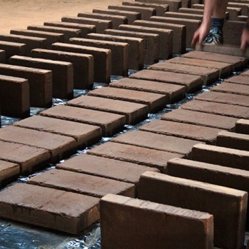 Compressed earth blocks arrayed for Earthpaint finish