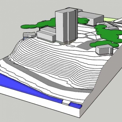geolocated model with modeled context prepped for solar shading study