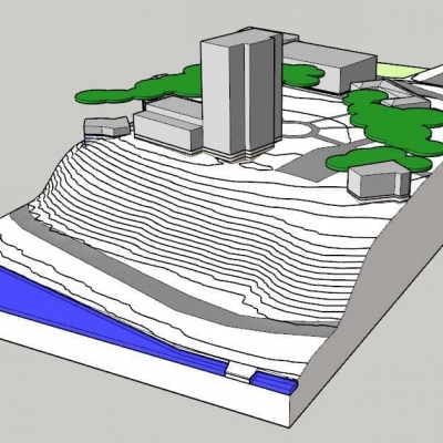 geolocated model with modeled context prepped for solar shading study
