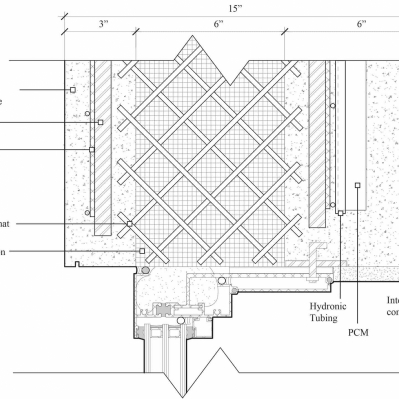 Vertical section at window head: thermally active components (hydronics and PCM) are set deep in the interior wythe next to the insulation to allow for a thermal lag between inputs/outputs and their effect on the interior space