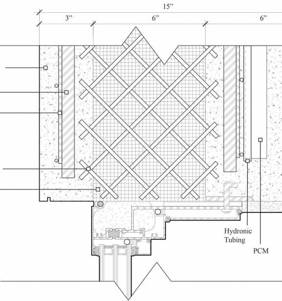 Vertical section at window head: thermally active components (hydronics and PCM) are set deep in the interior wythe next to the insulation to allow for a thermal lag between inputs/outputs and their effect on the interior space